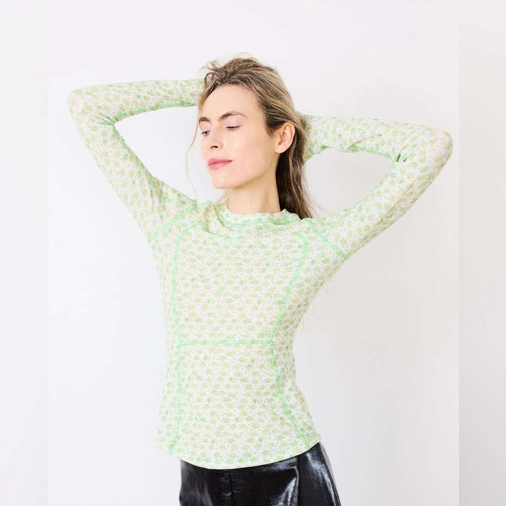 NOMIA Designer Sz XS LONG SLEEVE PANELED SCUBA TOP LEMON/LIME NWOT